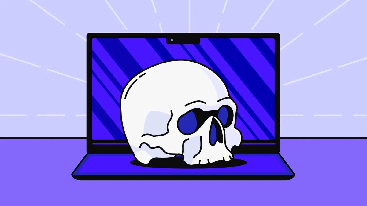 A skull sitting in front of a laptop screen