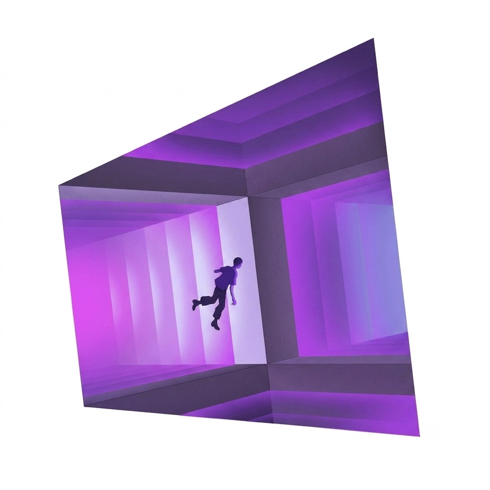 A silhouetted figure falling through a purple architectural corridor